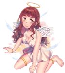 1girl anklet barefoot blush bracelet breasts brown_eyes brown_hair cleavage closed_mouth collarbone dress feathers halo jewelry medium_breasts original sitting sleeveless sleeveless_dress solo ugumi wariza wavy_hair white_background white_dress white_wings wings 