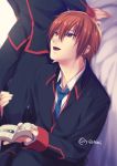  2boys bed book brown_hair green_necktie little_busters!! looking_up male_focus manga_(object) multiple_boys naoe_riki natsume_kyousuke necktie open_mouth red_eyes satomi_yoshitaka school_uniform short_hair sitting solo_focus standing 