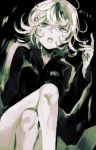  1girl anger_vein character_name crossed_legs curly_hair highres looking_at_viewer monochrome one-punch_man short_hair solo tatsumaki teeth ya_4004 