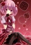  1girl absurdres black_legwear chocolate eyebrows eyebrows_visible_through_hair flower gloves hair_flower hair_ornament highres kaname_madoka leanbox looking_at_viewer mahou_shoujo_madoka_magica pantyhose pink_hair red_flower red_gloves short_hair solo star twintails violet_eyes 