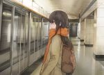  1girl absurdres backpack bag bangs brown_eyes brown_hair coat commentary from_side highres long_sleeves looking_at_viewer original scarf solo standing subway_station upper_body yohan1754 