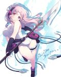  1girl furumiya_haiji long_hair mahou_shoujo_ikusei_keikaku polearm purple_hair school_swimsuit spear swim_swim swimsuit violet_eyes weapon white_school_swimsuit white_swimsuit 