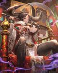  1girl axe battle_axe belt bodypaint breasts brown_hair cleavage dress hat highres horns jewelry lack large_breasts long_hair lost_crusade sitting smile solo thigh-highs throne weapon 