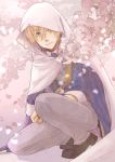  1boy blonde_hair blue_eyes cherry_blossoms cloak closed_mouth eyebrows eyebrows_visible_through_hair hood hooded_cloak kneeling kumataru looking_to_the_side petals sleeves_rolled_up smile torn_clothes touken_ranbu yamanbagiri_kunihiro 