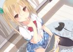  1girl artist_request black_legwear blonde_hair character_request controller copyright_request eating fingers_to_mouth from_above long_hair on_floor plaid plaid_skirt red_eyes short_sleeves skirt solo thigh-highs twintails 