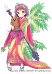  1girl black_hair bow candle flower_knight_girl full_body hair_ornament haze_(flower_knight_girl) japanese_clothes leaf_hair_ornament looking_at_viewer object_namesake official_art purple_bow red_eyes short_hair smile solo staff standing usashiro_mani 