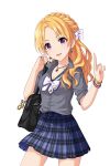  1girl artist_request bag blonde_hair bow bracelet braid earrings french_braid hair_bow hair_ornament half_updo idolmaster idolmaster_cinderella_girls jewelry kiryuu_tsukasa_(idolmaster) long_hair necklace official_art pink_eyes plaid plaid_skirt ring school_bag school_uniform skirt smile solo wavy_hair 