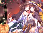  2girls adapted_costume bat blue_eyes brown_hair candy cape cosplay double_bun eyebrows eyebrows_visible_through_hair failure_penguin green_skirt halloween hat hiei_(kantai_collection) holding_hands jack-o&#039;-lantern kantai_collection kongou_(kantai_collection) long_hair looking_at_viewer multiple_girls nanoha-h night night_sky nontraditional_miko open_mouth plaid plaid_skirt pumpkin short_hair skirt sky thigh-highs top_hat twitter_username witch_hat yuri 