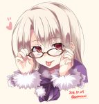  1girl :p adjusting_glasses bespectacled blonde_hair dated fate/kaleid_liner_prisma_illya fate_(series) fur_trim glasses heart illyasviel_von_einzbern long_hair long_sleeves looking_at_viewer portrait red-framed_eyewear red_eyes solo soukai_(lemonmaiden) tongue tongue_out twitter_username 