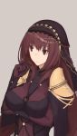  1girl bodysuit breasts brown_hair fate/grand_order fate_(series) large_breasts long_hair mikoto_(oi_plus) pauldrons red_eyes scathach_(fate/grand_order) simple_background solo upper_body 