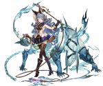  1girl animal_ears black_legwear blue_hair boots brown_eyes dress full_body gloves granblue_fantasy holding holding_weapon knee_boots long_hair looking_at_viewer minaba_hideo monster open_mouth short_dress simple_background thigh-highs weapon whip white_background zettai_ryouiki 