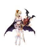  artist_request bandaged_head bandages bat bat_wings blonde_hair blue_eyes bow cape character_request copyright_request hair_bow halloween highres holding holding_weapon jack-o&#039;-lantern long_hair looking_at_viewer navel parted_lips shield side_ponytail skirt skull sword toes transparent_background weapon wings 