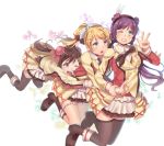  3girls aqua_eyes arm_grab ayase_eli black_hair black_legwear blonde_hair boots brown_boots collared_shirt double_bun eyebrows eyebrows_visible_through_hair falling grin hair_ornament hairband hairclip head_tilt hug hug_from_behind knee_boots long_hair long_sleeves love_live! love_live!_school_idol_project low_twintails multiple_girls one_eye_closed open_mouth pearl_earrings ponytail purple_hair shirt skirt smile thigh-highs thigh_boots toujou_nozomi twintails ugumi w white_background white_shirt yazawa_nico 