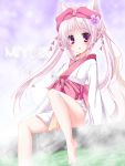  1girl animal_ears barefoot cat_ears chaamii eyebrows eyebrows_visible_through_hair flower hair_flower hair_ornament long_hair looking_at_viewer original outdoors silver_hair solo steam twintails violet_eyes 
