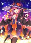  &gt;:d 1girl :d bat_wings black_legwear blue_eyes blush candy choker demon_tail detached_sleeves elizabeth_bathory_(fate/grand_order) fate/grand_order fate_(series) food frills hair_between_eyes halloween hat holding holding_food horns lancer_(fate/extra_ccc) lollipop long_hair open_mouth palms pink_hair pointy_ears smile solo star tail thigh-highs toosaka_asagi wings witch_hat zettai_ryouiki 