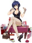  1girl blue_hair breasts brown_eyes chair chocolate chocolate_heart cleavage crossed_legs finger_to_face fingerless_gloves fishnet_pantyhose fishnets gift gloves halterneck heart high_heels highres holding kouno_yuria kure_masahiro looking_at_viewer pantyhose short_hair simple_background sitting smile solo valkyrie_drive valkyrie_drive_-siren- white_background 