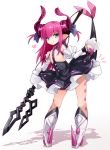 1girl asymmetrical_horns blue_eyes blush claws corset detached_sleeves dress elizabeth_bathory_(fate/grand_order) fate/extra fate/extra_ccc fate/grand_order fate_(series) highres horns karukan_(monjya) lancer_(fate/extra_ccc) long_hair looking_at_viewer pink_hair plaid plaid_skirt pointy_ears ribbon skirt smile solo tail tail_raised two_side_up