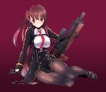  1girl arm_support belt brown_hair gloves gradient gradient_background gun long_hair necktie pantyhose red_eyes rifle ripe.c side_ponytail sitting sniper_rifle solo two_tone_hiar weapon 