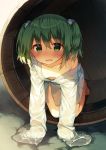  1girl all_fours barefoot blush breasts bucket green_eyes green_hair hair_bobbles hair_ornament in_bucket in_container kisume looking_at_viewer off_shoulder open_mouth see-through shinoba short_hair small_breasts solo touhou wet 