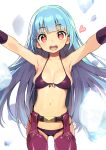  1girl bikini blue_hair blush breasts chaps cleavage gloves kula_diamond large_breasts long_hair looking_at_viewer navel open_mouth outstretched_arms red_eyes shunin smile solo spread_arms swimsuit the_king_of_fighters 