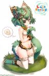  1girl animal_ears baozi boots copyright_name eyepatch food gloves grass green_hair highres holding_own_tail kneeling last_period looking_at_viewer moruhu mul_latum navel red_eyes short_hair solo spoken_food tail thought_bubble twitter_username 
