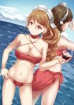  2girls adjusting_glasses alcohol back-to-back bd bikini breasts brown_eyes brown_hair cup drinking_glass dutch_angle glasses hand_on_hip highres kantai_collection large_breasts littorio_(kantai_collection) long_hair multiple_girls ocean pince-nez ponytail red_bikini roma_(kantai_collection) sarong short_hair swimsuit water wine wine_glass 