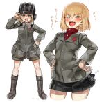  &gt;:d 1girl :d ankle_boots black_skirt blonde_hair blue_eyes blush boots brown_boots eyebrows eyebrows_visible_through_hair fang girls_und_panzer hair_between_eyes hand_on_hip hands_on_hips helmet highres katyusha looking_at_viewer military military_uniform motion_line multiple_views norinco open_mouth red_shirt school_uniform shirt simple_background skirt smile standing translation_request turtleneck uniform white_background 
