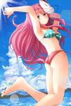  1girl adapted_costume armpits arms_up ass bare_arms bare_legs bare_shoulders barefoot bikini breasts closed_mouth clouds cloudy_sky day elusya expressionless fox_mask from_side hata_no_kokoro highres lake long_hair looking_at_viewer looking_to_the_side mask mask_on_head pink_eyes pink_hair sky small_breasts solo sunlight swimsuit touhou 