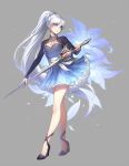  blue_eyes blush dress long_hair ponytail rwby sword weiss_schnee white_hair 