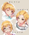  1girl :p alternate_hairstyle blonde_hair blown_kiss earrings glasses green_eyes hair_ornament hairclip highres idolmaster idolmaster_cinderella_girls jewelry looking_at_viewer messy_hair miyamoto_frederica one_eye_closed ponytail ryuu. short_hair short_twintails smile solo tongue tongue_out translation_request twintails 