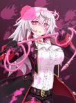  1girl blood blush flower mary_skelter mizunashi_(second_run) pink_eyes rose sleeping_beauty_(mary_skelter) tongue tongue_out whip white_hair 