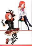  1girl absurdres black_legwear chair crossed_legs elbow_gloves fingerless_gloves frilled_skirt frills gloves hat high_heels highres labcoat lolita_fashion love_live! love_live!_school_idol_festival love_live!_school_idol_project medic necktie nishikino_maki pleated_skirt puffy_sleeves redhead scan shoes simple_background sitting skirt smile stethoscope striped striped_legwear thigh-highs violet_eyes white_background zettai_ryouiki 