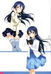 1girl absurdres blue_hair blush brown_eyes dress floral_print highres jacket long_hair looking_at_viewer love_live! love_live!_school_idol_festival love_live!_school_idol_project notebook one_eye_closed scan simple_background skirt sonoda_umi thigh-highs white_background zettai_ryouiki 