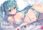  1girl aqua_eyes aqua_hair blush bra breasts cherry choker cleavage food frilled_panties frills fruit hair_ribbon hatsune_miku highres kyou_hotaru lingerie long_hair looking_at_viewer lying navel open_mouth panties ribbon ribbon_choker solo twintails underwear underwear_only very_long_hair vocaloid 