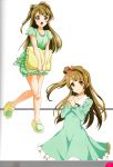  1girl absurdres bow brown_eyes brown_hair dress hair_bow highres holding_pillow interlocked_fingers long_hair looking_at_viewer love_live! love_live!_school_idol_festival love_live!_school_idol_project minami_kotori open_mouth pajamas pillow ribbon sandals scan short_sleeves simple_background smile white_background 