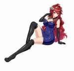  1girl black_gloves black_legwear boots breasts cleavage dress elbow_gloves female gloves hair_ornament kisaragi_setsuna kure_masahiro large_breasts looking_at_viewer official_art red_eyes simple_background skin_tight smile solo thigh-highs thigh_boots valkyrie_drive valkyrie_drive_-siren- white_background 