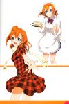  1girl absurdres apron blue_eyes blush bow food hair_ornament hairclip highres kousaka_honoka looking_at_viewer looking_back love_live! love_live!_school_idol_festival love_live!_school_idol_project open_mouth orange_hair plate pleated_skirt ribbon scan short_sleeves side_ponytail simple_background skirt white_background 