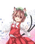  1girl animal_ears bow brown_hair cat_ears cat_tail chen cowboy_shot fang hat highres jewelry long_sleeves looking_at_viewer miki_yanagi mob_cap multiple_tails open_mouth red_eyes single_earring skirt skirt_set solo tail touhou two_tails 