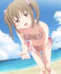  1girl :d beach blush brown_eyes brown_hair clouds dutch_angle floral_print frilled_swimsuit frills hair_ornament hair_scrunchie hand_on_own_knee leaning_forward open_mouth original outdoors scrunchie sky smile solo swimsuit twintails uma_(uma1111) water 
