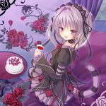  1girl black_ribbon brown_eyes cake chaamii cup dress eyebrows eyebrows_visible_through_hair fang food hair_ribbon hapymaher holding holding_cup indoors looking_at_viewer naitou_maia neck_garter open_mouth purple_hair red_flower ribbon short_hair solo striped striped_legwear tail 