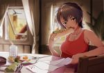  1girl armpits backlighting bare_arms bare_shoulders black_hair blurry blush breasts chair cheese cleavage collarbone cup curtains depth_of_field eating fork goggles goggles_removed green_eyes hot_dog jewelry mayta_(suisei_no_gargantia) medium_breasts mug necklace open_mouth plate reading shinjiro short_hair sitting solo suisei_no_gargantia sunny_side_up_egg table tan tank_top teeth upper_body window 
