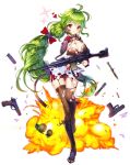  1girl ahoge black_boots black_gloves black_legwear boots bow breasts brooch cleavage explosion explosive full_body girls_frontline gloves green_hair grenade gun hand_on_own_cheek heart highres jewelry knee_boots long_hair looking_at_viewer mk48_(girls_frontline) ponytail red_eyes rifle shorts single_glove solo thigh-highs torn_clothes torn_thighhighs ttaji_(pass35) weapon white_background 