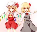  2girls ;d flandre_scarlet frilled_skirt frills hat holding_hands long_sleeves mob_cap multiple_girls one_eye_closed open_mouth para_(montplace) red_eyes rumia shirt short_hair short_sleeves side_ponytail skirt smile touhou vest wings 