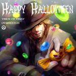  1boy beard blurry brown_eyes brown_hair candy copyright_name cowboy_hat depth_of_field english facial_hair gloves hair_over_one_eye halloween happy_halloween hat head_tilt highres holding lollipop looking_at_viewer mccree_(overwatch) open_mouth outstretched_arm overwatch solo trouba upper_body wrapped_candy 