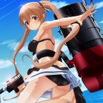  1girl alternate_costume armpits ass bikini bikini_skirt black_bikini black_shoes blonde_hair breasts clouds day from_below funnel grin highres kantai_collection looking_at_viewer medium_breasts murasame_(kantai_collection) ocean outdoors outstretched_arm panties pantyshot pantyshot_(standing) ponpu-chou red_eyes shiny shiny_clothes shoes skirt sky smile solo standing swimsuit teeth turret twintails underwear white_skirt 