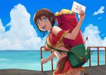  1girl :d amy_(suisei_no_gargantia) bag bare_shoulders blue_eyes blush breasts brown_hair capelet clouds cloudy_sky cowboy_shot crop_top day from_behind holding_paper letter looking_at_viewer looking_back matsuse_daichi medium_breasts messenger_bag ocean open_mouth railing red_skirt short_hair shoulder_bag shoulder_cutout skirt sky smile solo stomach suisei_no_gargantia teeth 
