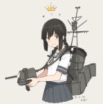  1girl artist_name black_hair braid crown dated directional_arrow from_side grey_background grey_eyes holding holding_weapon isonami_(kantai_collection) kantai_collection kawashina_(momen_silicon) long_hair looking_at_viewer machinery no_legs pleated_skirt school_uniform serafuku short_sleeves sidelocks simple_background skirt smile solo teeth turret twin_braids weapon 