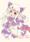  1girl :o animal_ears blush bow cosplay dated elbow_gloves fang fate/grand_order fate/kaleid_liner_prisma_illya fate_(series) fur_collar fur_trim gloves halloween halloween_costume illyasviel_von_einzbern long_hair looking_at_viewer navel open_mouth red_bow red_eyes revealing_clothes shielder_(fate/grand_order) shielder_(fate/grand_order)_(cosplay) sketch solo soukai_(lemonmaiden) tail twitter_username white_hair wolf_ears wolf_tail 