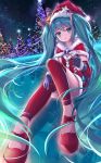  1girl aqua_eyes aqua_hair bell christmas christmas_tree earrings gloves hat hatsune_miku highres jewelry long_hair looking_at_viewer necklace night outdoors pdxen santa_costume santa_hat sitting smile solo thigh-highs twintails very_long_hair vocaloid 