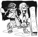  2girls baseball_cap bike_shorts domino_mask dowman_sayman frown greyscale hat inkling mask monochrome multiple_girls paint_roller school_uniform shorts sketch skirt smile splatoon splattershot_(splatoon) super_soaker tentacle_hair 